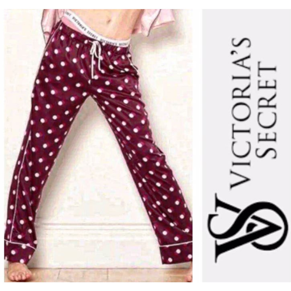 Victoria's Secret After Hours Lounge Maroon Polka Dot Silky Satin Pajama Pants M